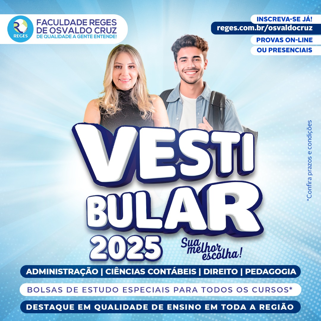 FACULDADE REGES DE OSVALDO CRUZ abre INSCRIÇÕES PARA O VESTIBULAR 2025